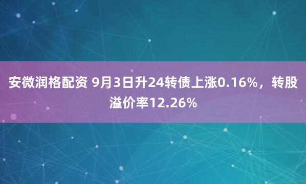 安微润格配资 9月3日升24转债上涨0.16%，转股溢价率12.26%